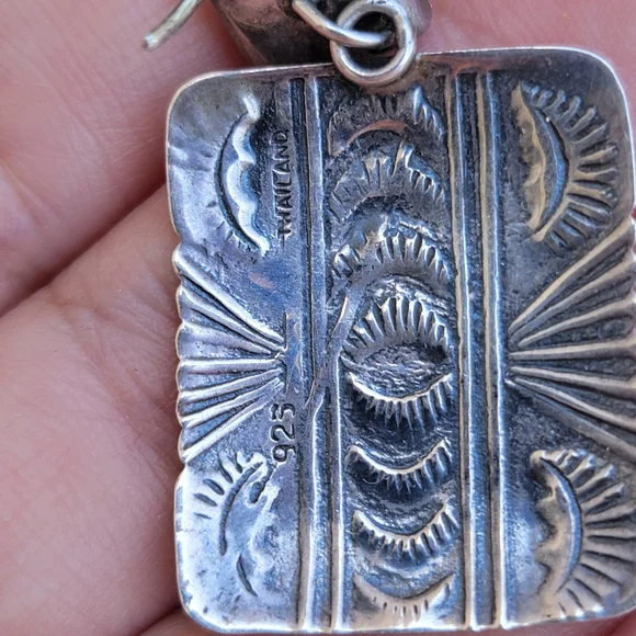 Turquoise Stone and Stamped Silver Square Drop Earrings - Picture 4 of 4